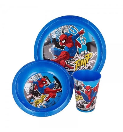 Spiderman set 3 pz.piatti fondo + piano + Bicchiere