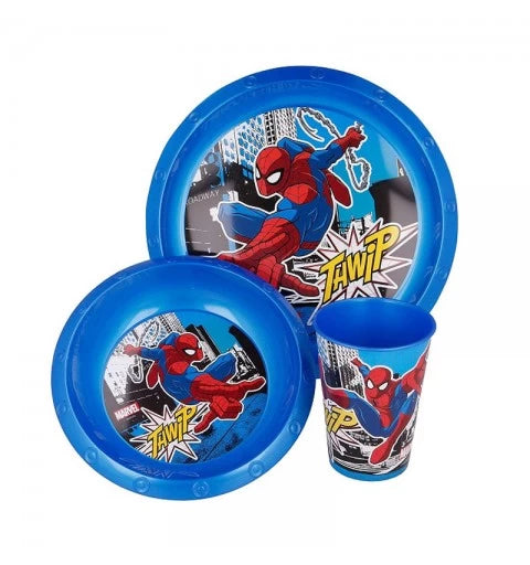 Spiderman set 3 pz.piatti fondo + piano + Bicchiere