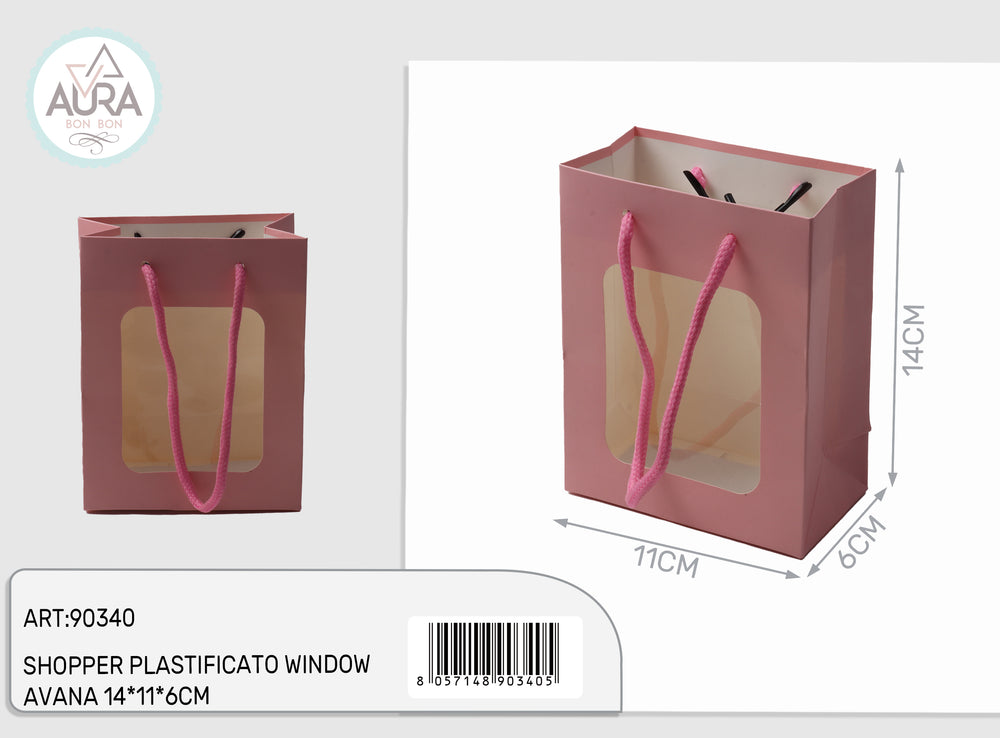 Pink plastic shopping bag with window 11x6x14cm