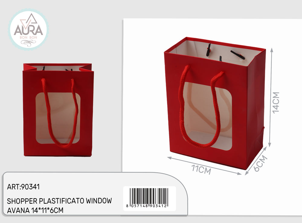 Plastic shopping bag with window 11x6x14cm red