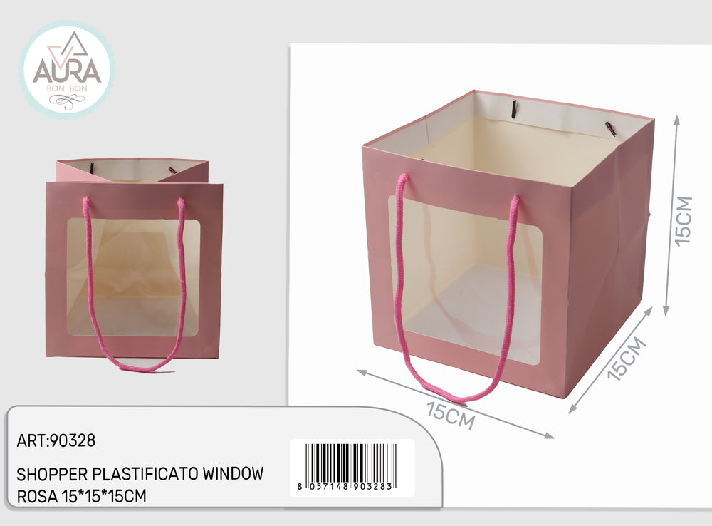Pink 15x15x15cm plastic shopping bag with window