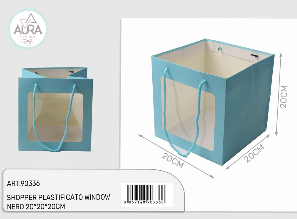 Plasticized shopping bag with window 20x20x20cm light blue