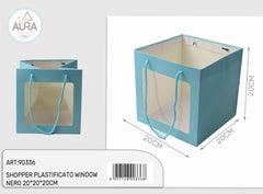 Shopper plastificata con finestra 20x20x20cm celeste