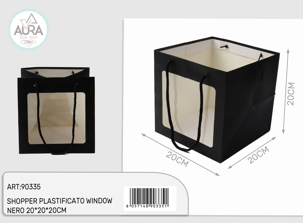 Plasticized shopping bag with window 20x20x20cm black