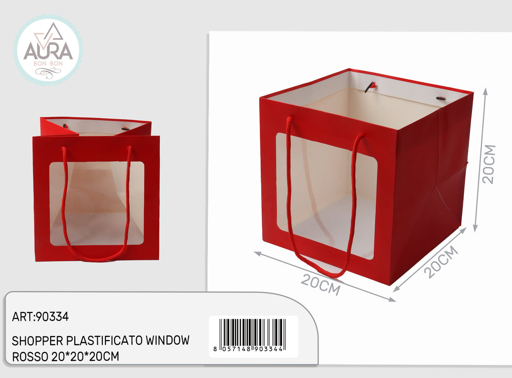 Plastic shopping bag with window 20x20x20cm red