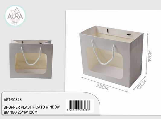 Shopper plastificata con finestra 23x12x19cm bianco