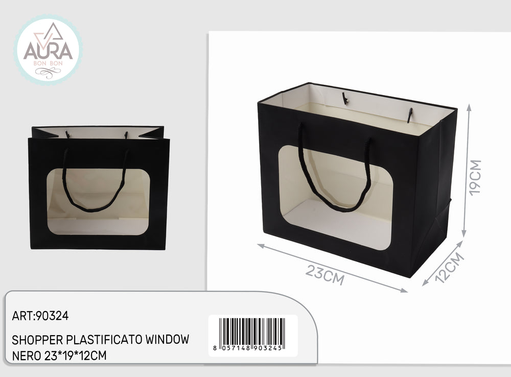 Plastic shopping bag with window 23x12x19cm black