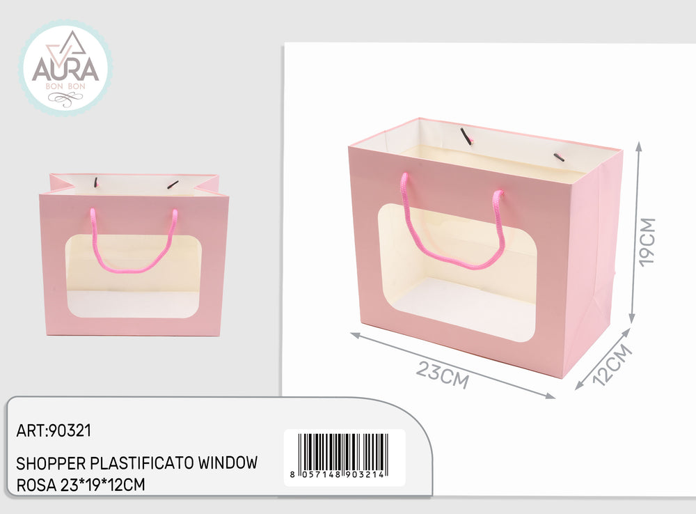 Shopper plastificata con finestra 23x12x19cm rosa