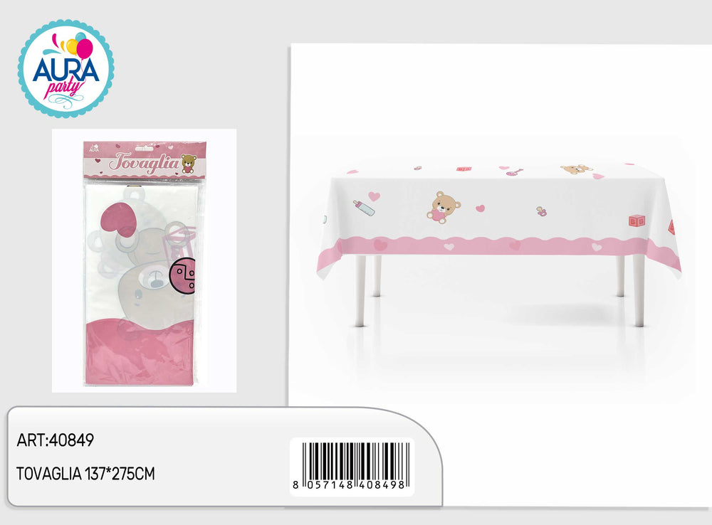 Plastic teddy bear tablecloth 137x275cm pink