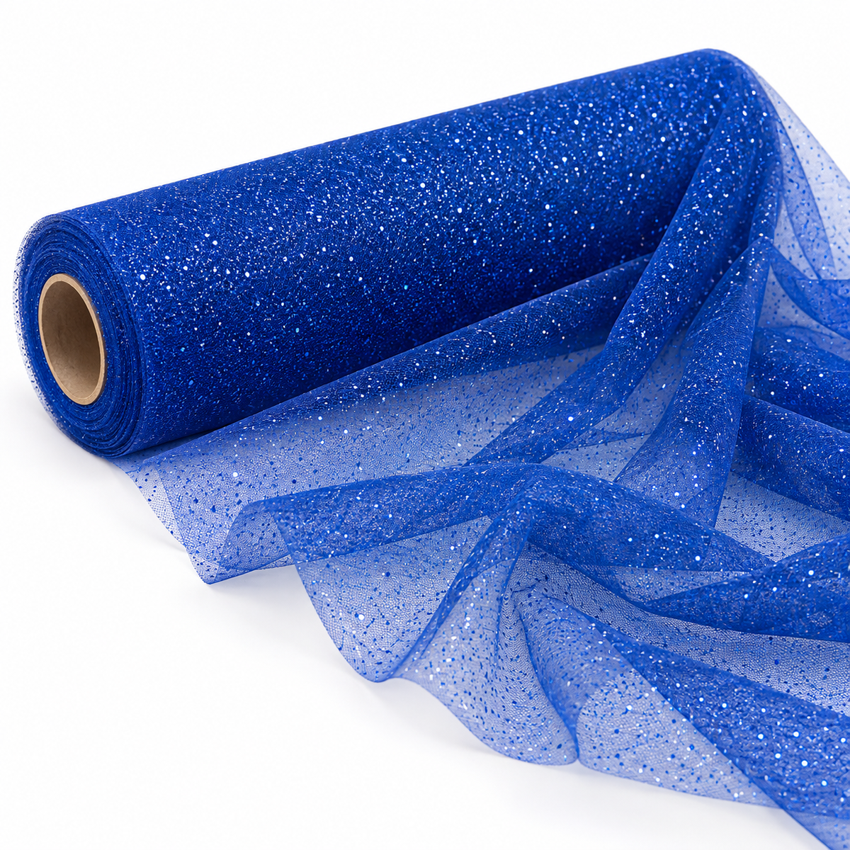 Tulle glitter blu Aura 1,5 x 1 m in rotolo, tessuto semitrasparente drappeggiato su fondo bianco