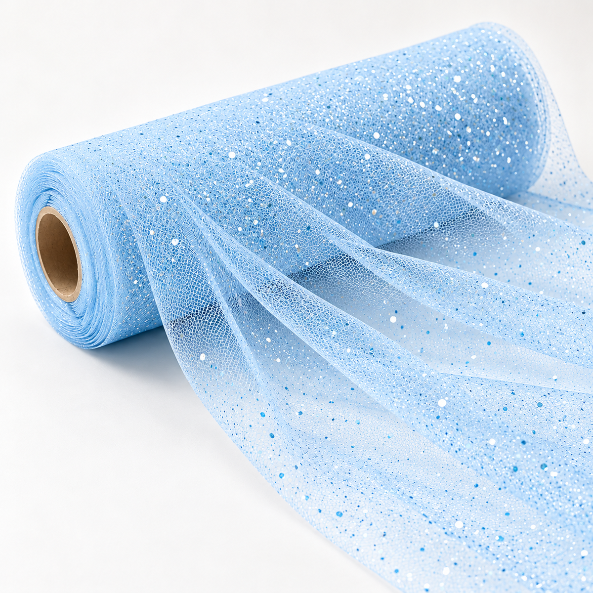 Tulle glitter celeste Aura 1,5 x 1 m, rotolo e drappeggio su fondo bianco