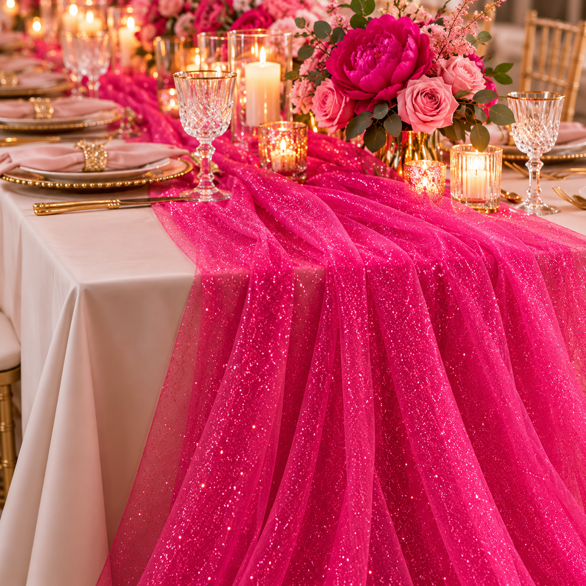 Esempio di allestimento tavolo per festa con tulle glitter fucsia Aura, fiori e candele