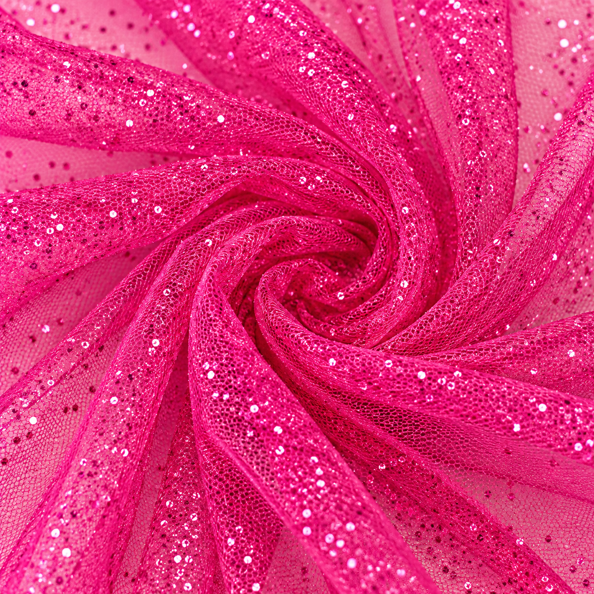 Dettaglio della trama a rete del tulle fucsia Aura con glitter scintillanti e pieghe morbide