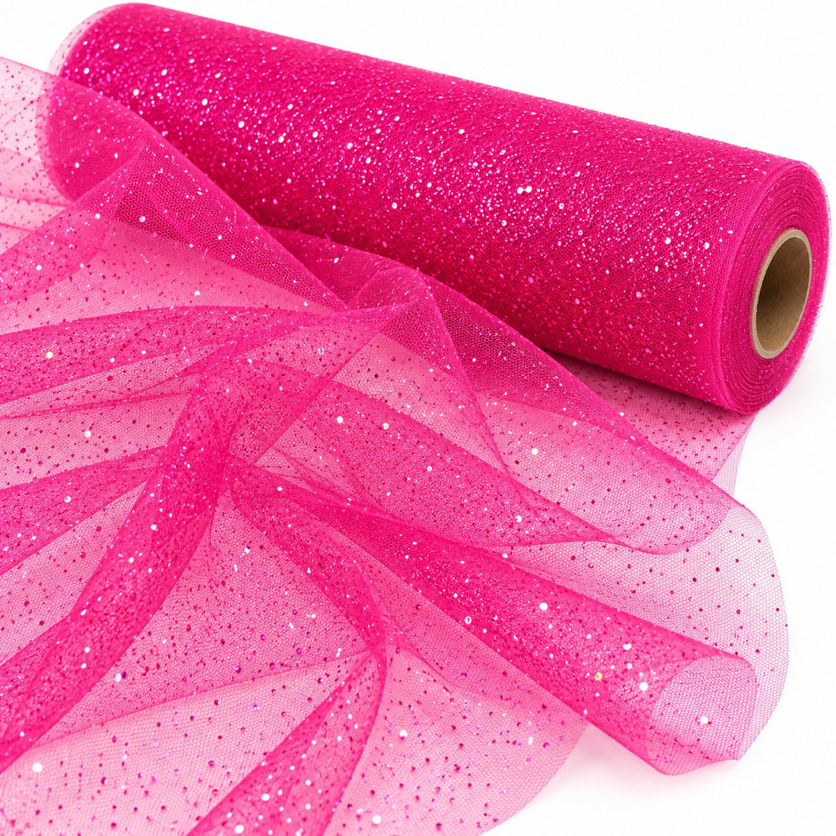 Tulle glitter fucsia Aura 1,5 x 1 m, rotolo e tessuto drappeggiato rosa intenso su fondo bianco