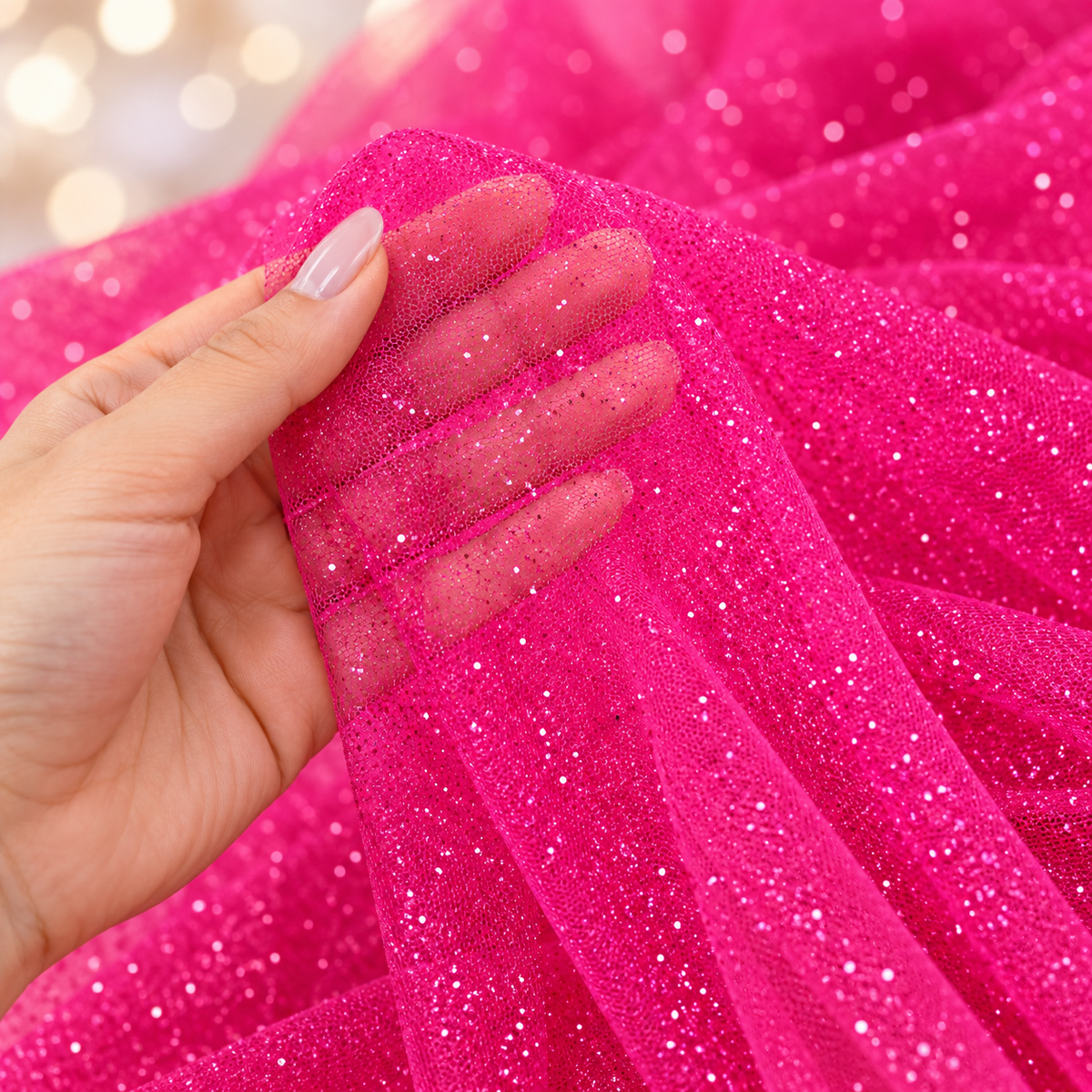 Tulle glitter fucsia Aura mostrato tra le mani, dettaglio della trasparenza del tessuto per decorazioni