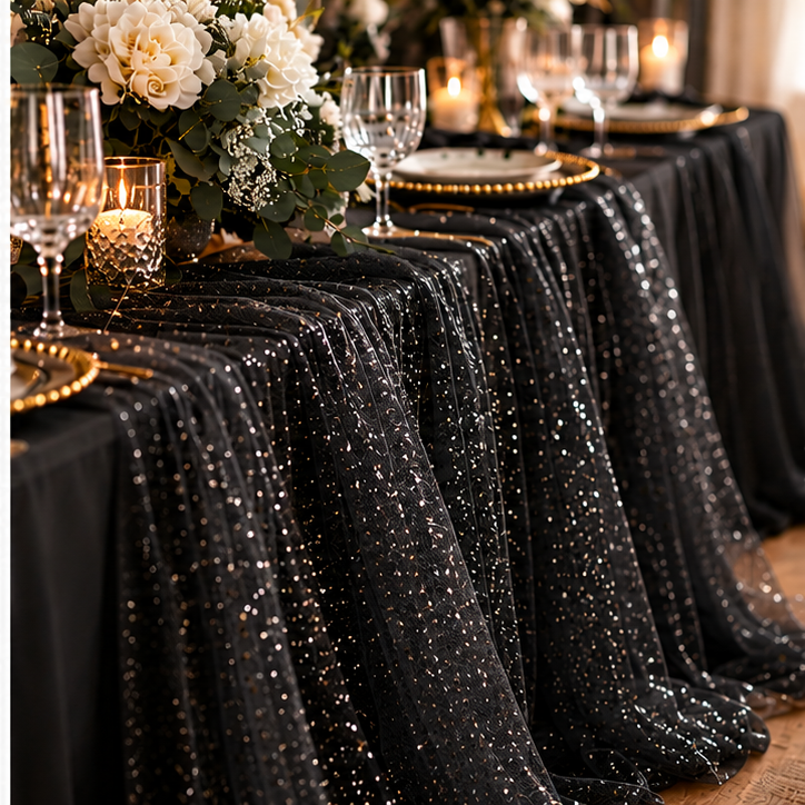 Esempio di tavolo per eventi con tulle glitter nero, fiori bianchi e decorazioni eleganti