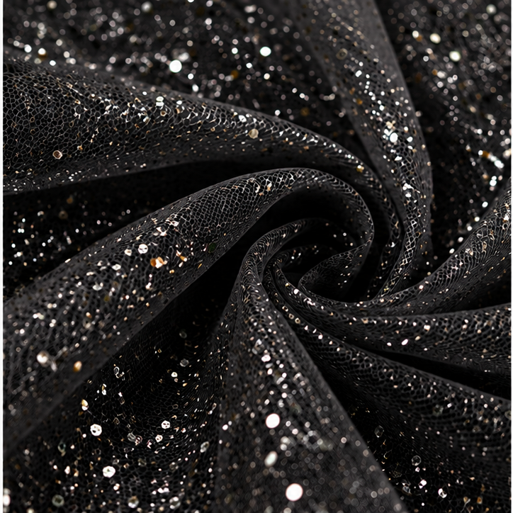Dettaglio della trama a rete del tulle glitter nero Aura con punti luce scintillanti