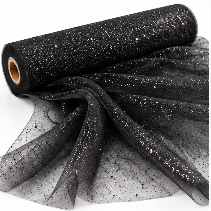 Tulle glitter nero Aura 1,5 x 1 m, rotolo e tessuto drappeggiato su sfondo bianco