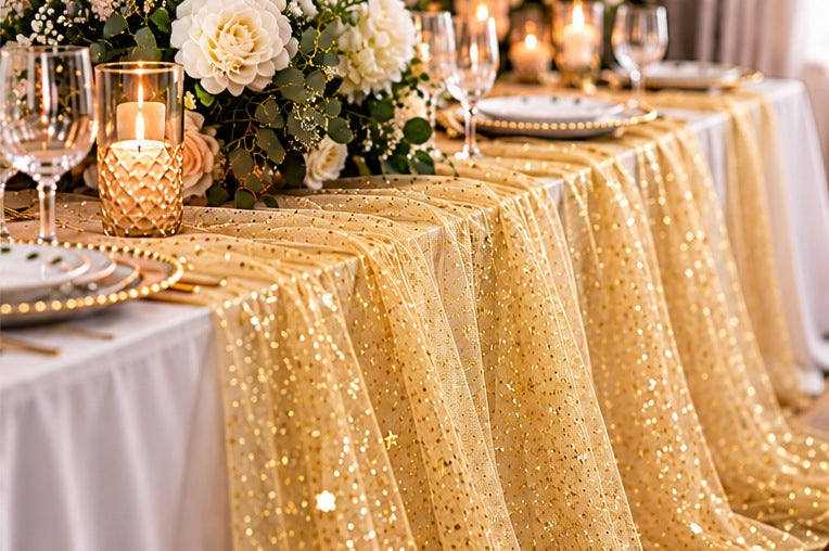 Esempio di decorazione per cerimonia con tulle glitter oro Aura drappeggiato su un tavolo elegante
