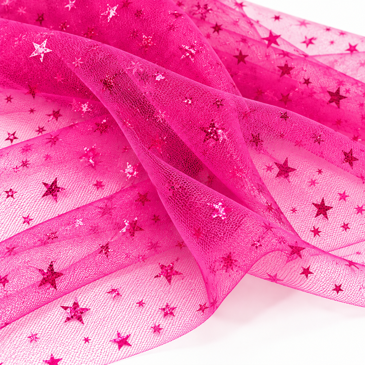 Dettaglio della trama a rete del tulle fucsia Aura con stelline decorative scintillanti