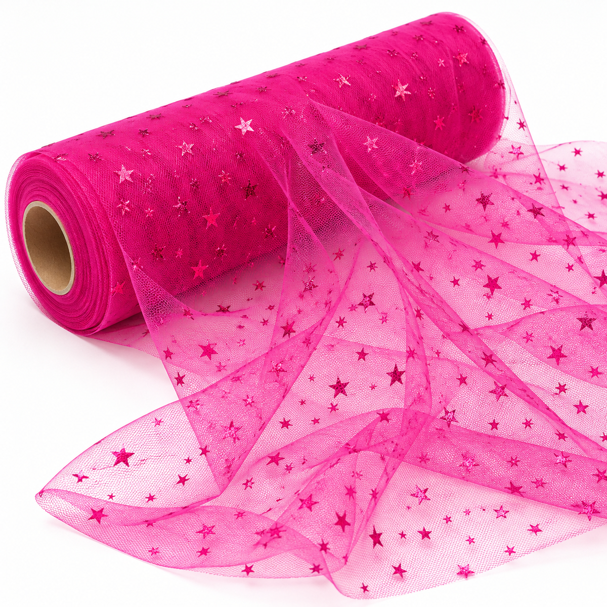 Tulle con stelline fucsia Aura 1,5 x 1 m in rotolo, tessuto trasparente drappeggiato su fondo bianco