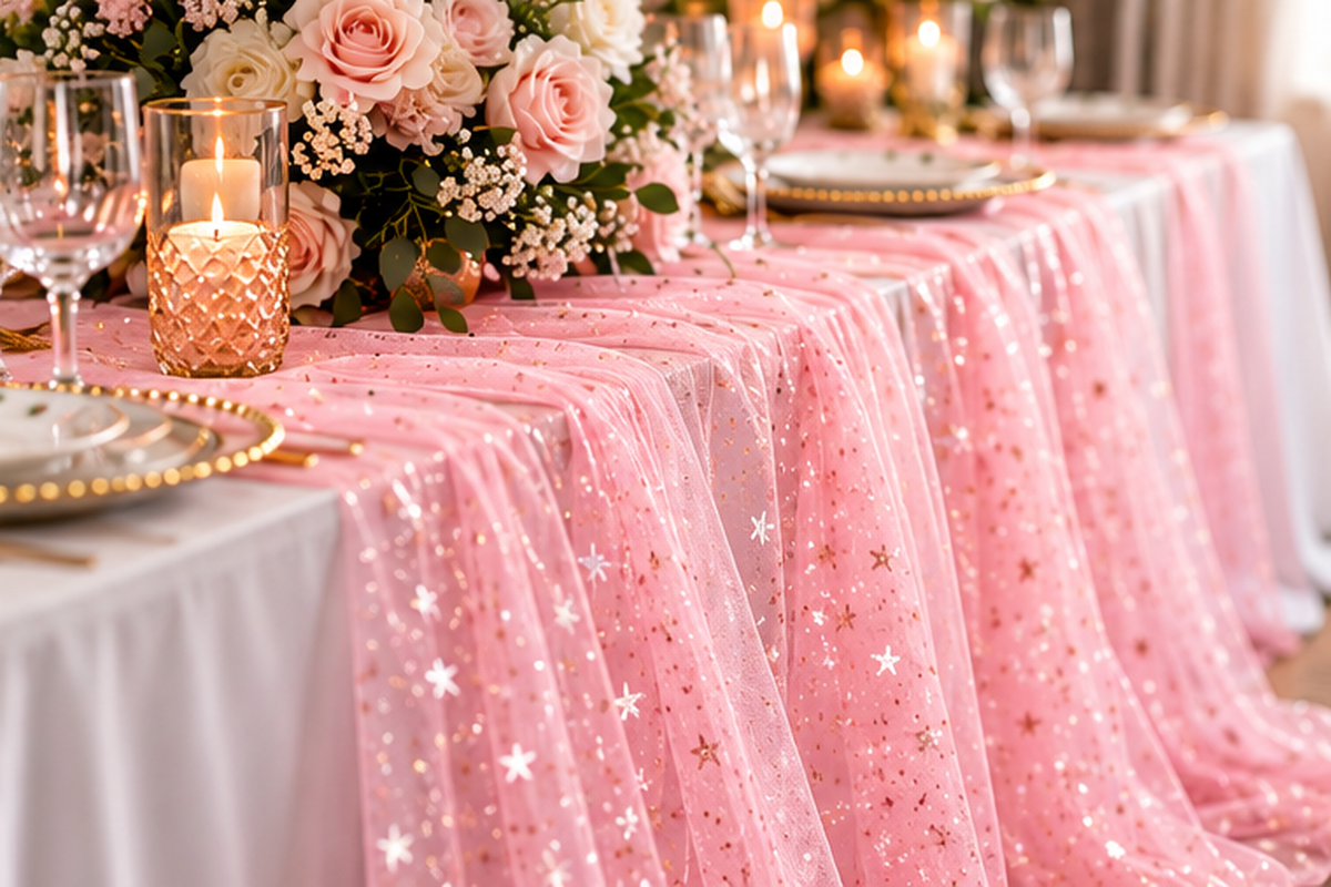 Esempio di decorazione tavolo per festa con tulle rosa a stelline Aura e composizione floreale
