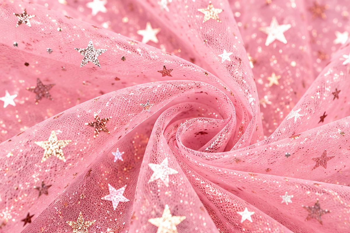 Dettaglio della trama del tulle rosa Aura con stelline decorative luminose per feste e allestimenti