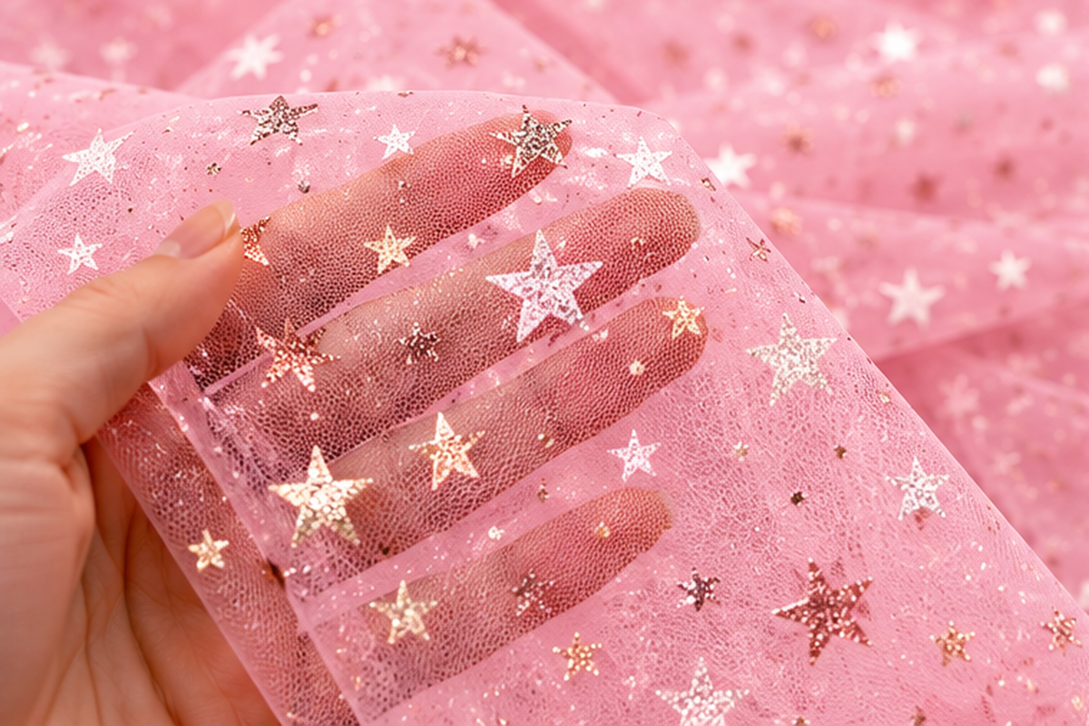 Tulle rosa con stelline Aura mostrato tra le mani per evidenziare la trasparenza del tessuto