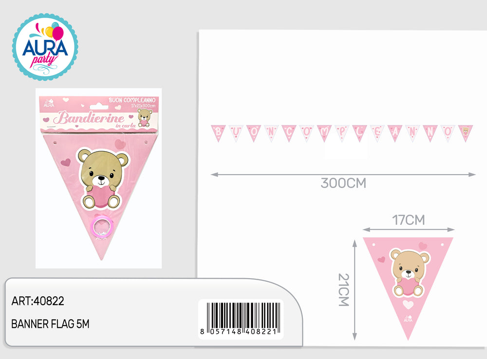 Happy Birthday 5m pink teddy bear flags
