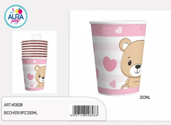 250ml pink teddy bear glasses, 8 pieces