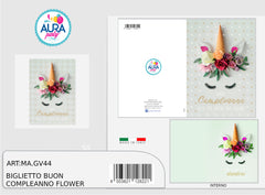 biglietto buon compleanno unicorno fiori