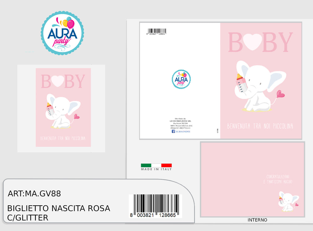 biglietto nascita bimba con elefantino e glitter