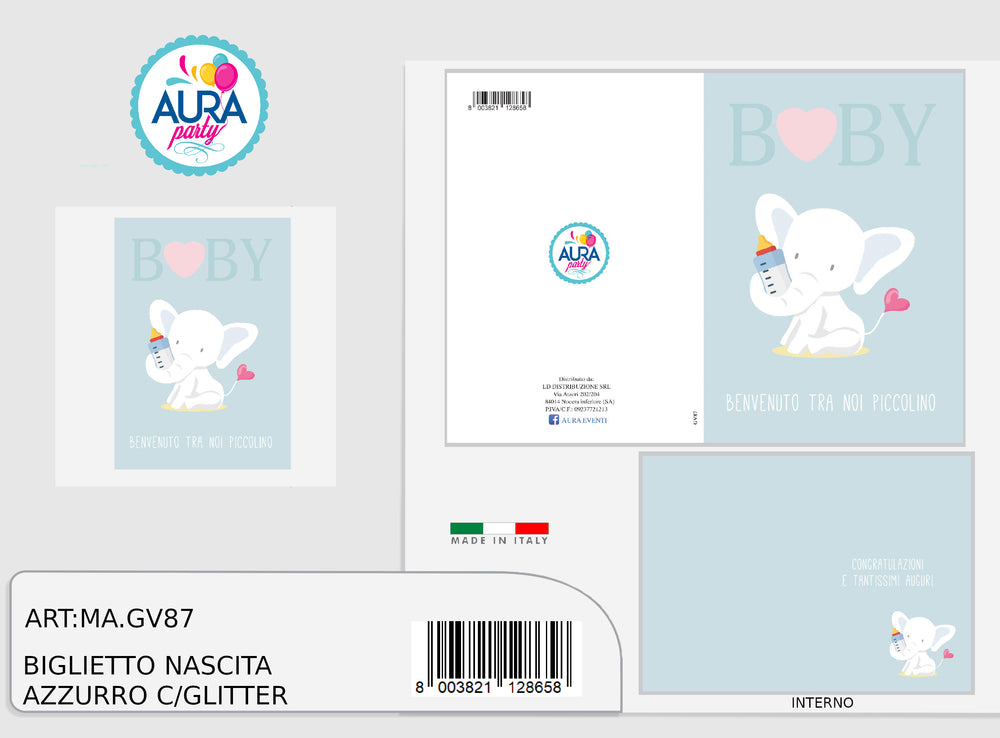 biglietto nascita bimbo con elefantino e glitter