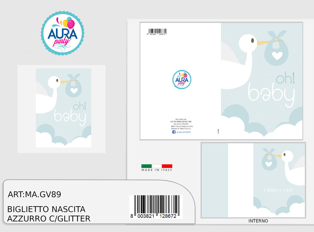 biglietto nascita bimbo con cicogna e glitter