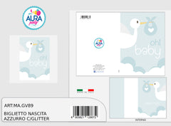 biglietto nascita bimbo con cicogna e glitter