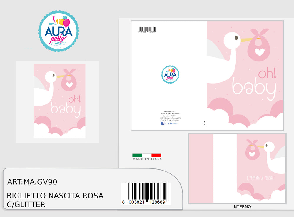 biglietto nascita bimba con cicogna e glitter