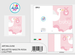 biglietto nascita bimba con cicogna e glitter