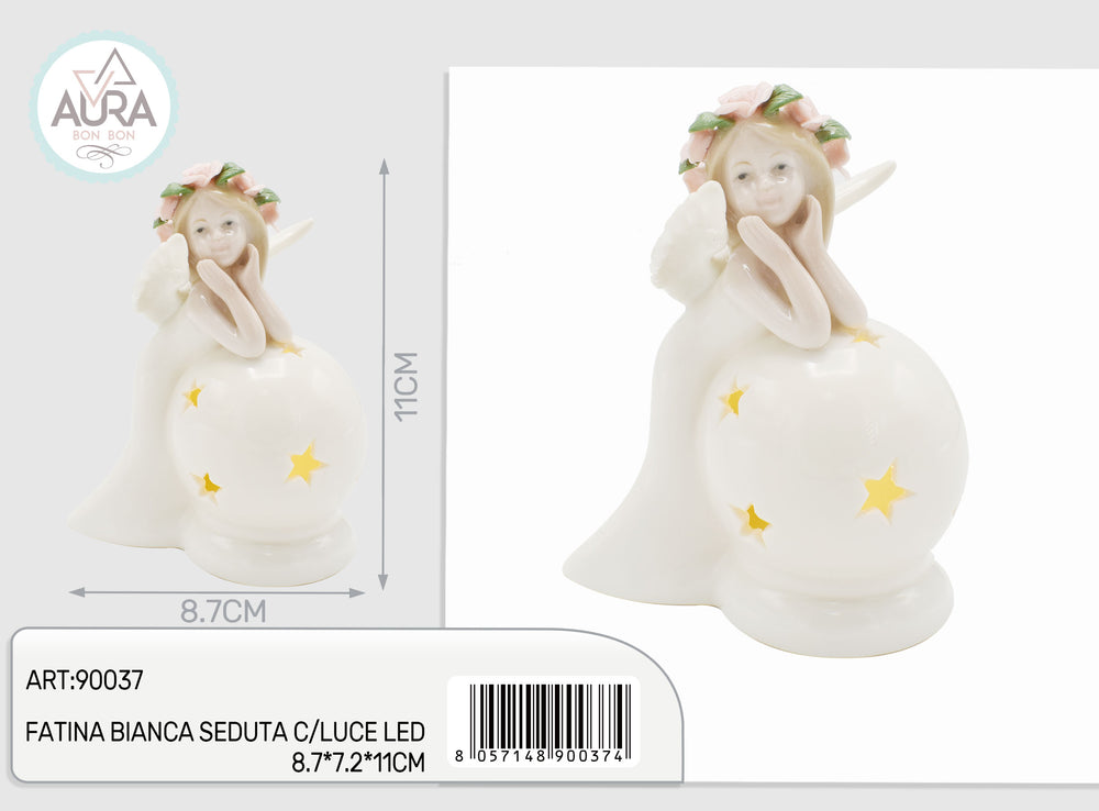 Sitting white fairy with LED light 8.7x7.2x11cm