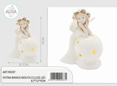 Sitting white fairy with LED light 8.7x7.2x11cm