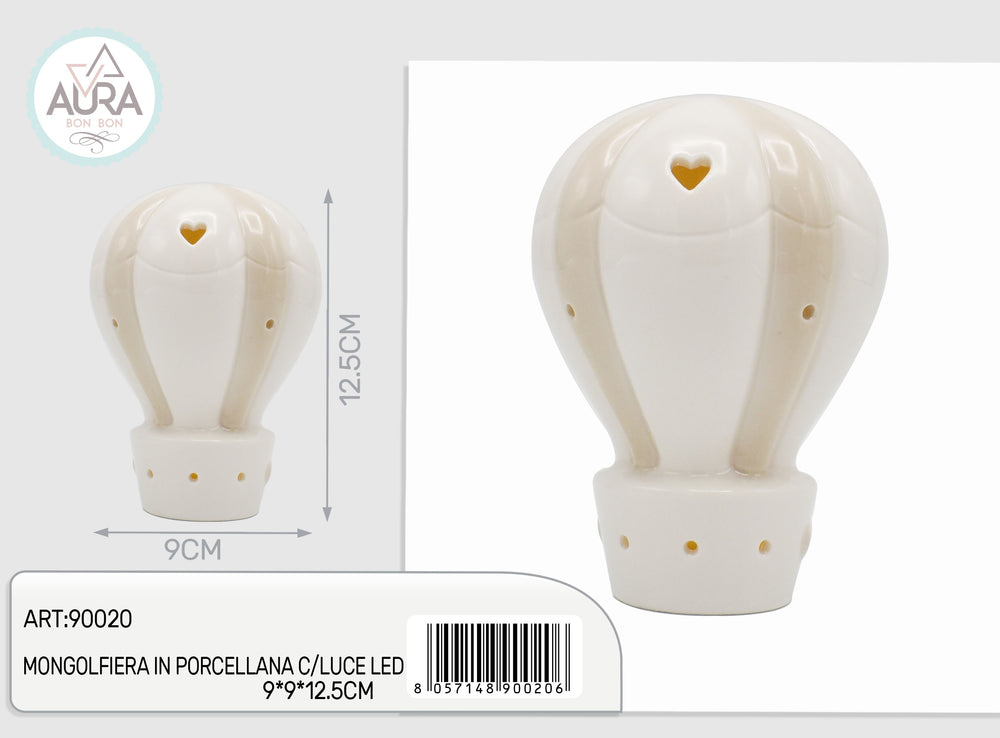 mongolfiera in porcellana con luce led 9x9x12,5cm
