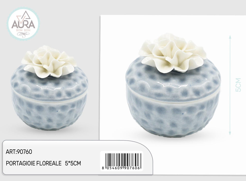 Portagioie floreale azzurro con fiore bianco 5x5cm