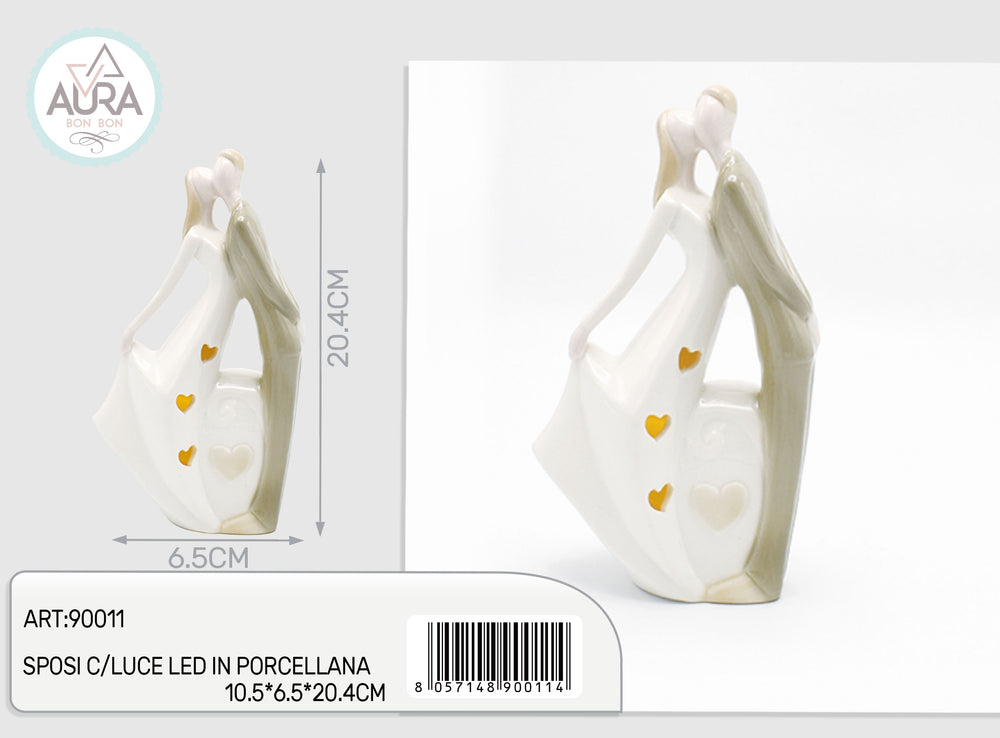 Porcelain wedding couple with LED light, 10.5x6.5x20.4cm