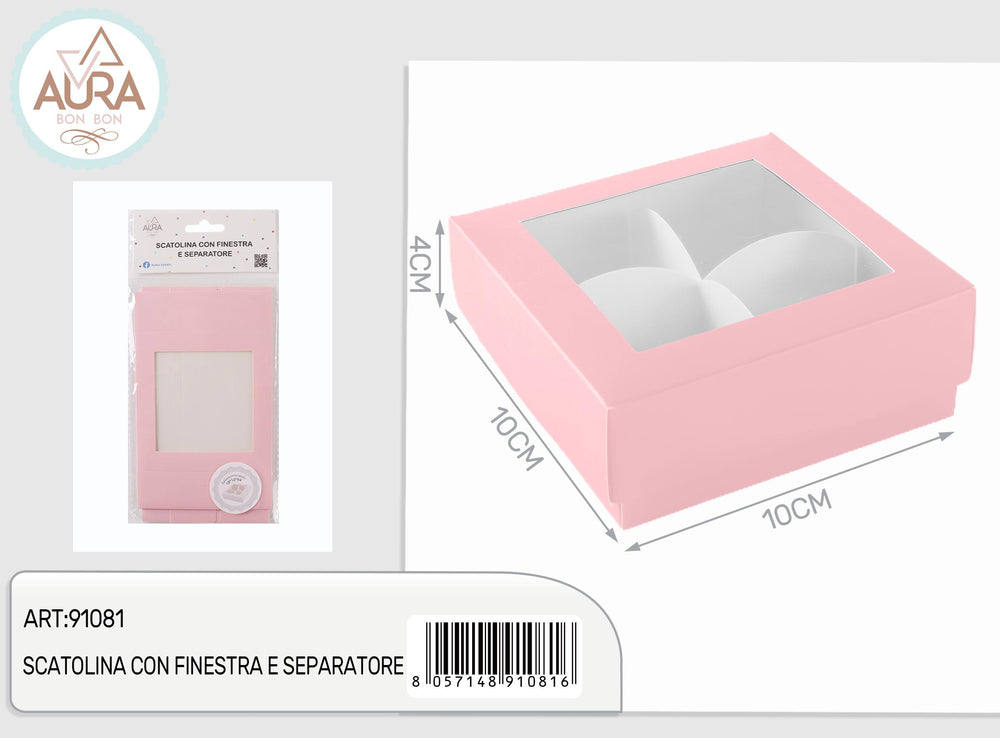 Pink box with window and divider 10x10x4cm