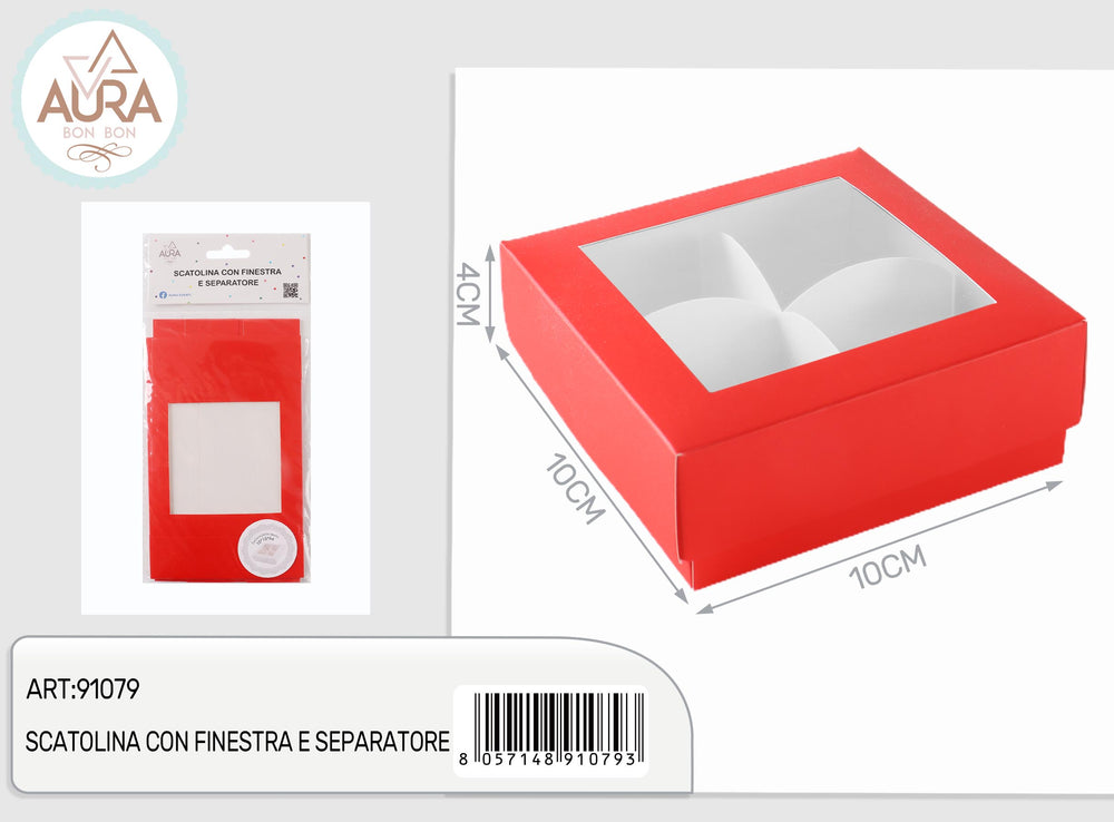 Small box with window and red divider 10x10x4cm