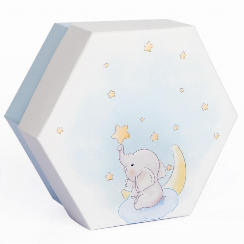 Hexagonal pencil case with two compartments, blue, with elephant, 8.5 x 8.5 x 4 cm