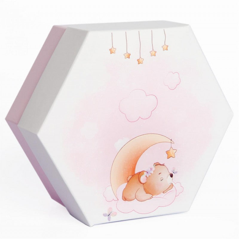Hexagonal pencil case with two pink compartments with teddy bear 8.5x8.5x4 cm
