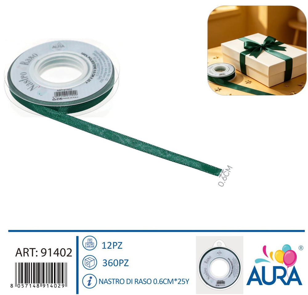 Nastro di raso 0,6cm x 25y verde foresta