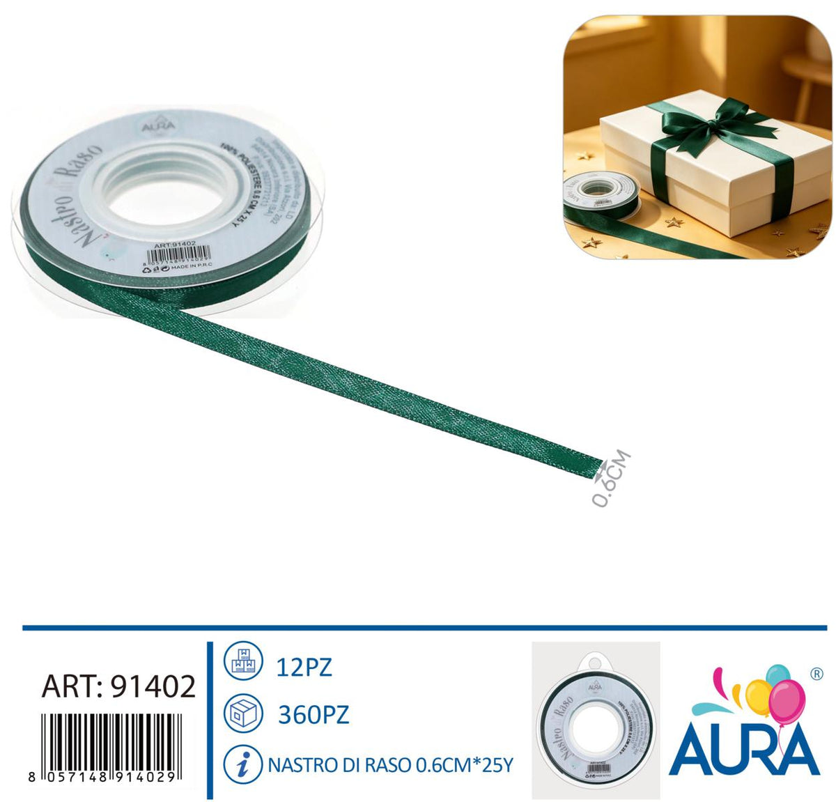 Nastro di raso 0,6cm x 25y verde foresta