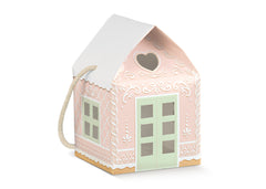 Pink 12x12x11cm house-shaped box with handle