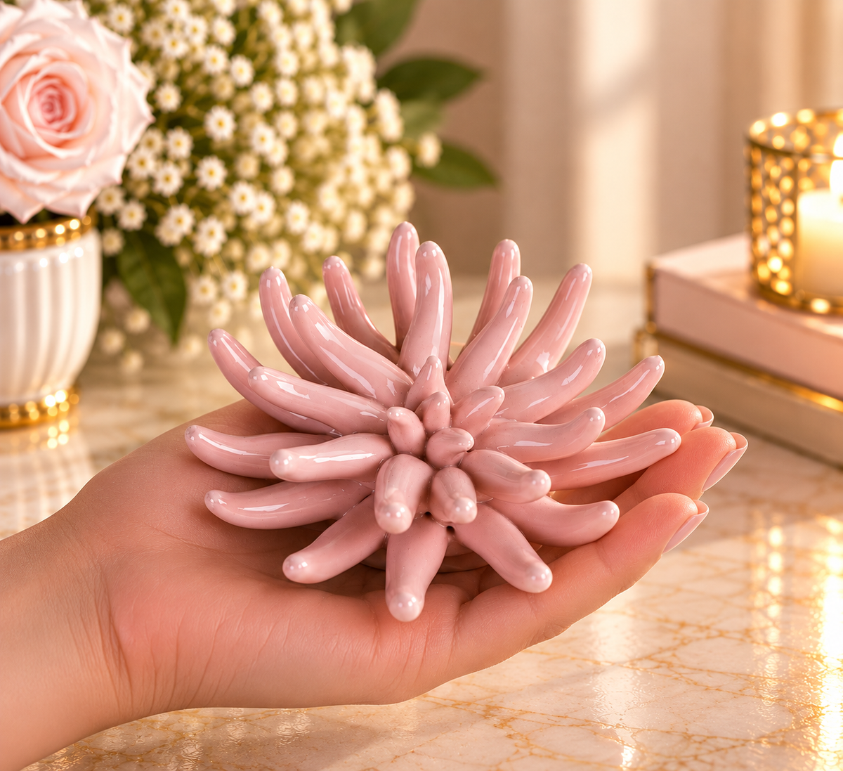 Corallo rosa in porcellana Aura tenuto in mano per mostrare la dimensione